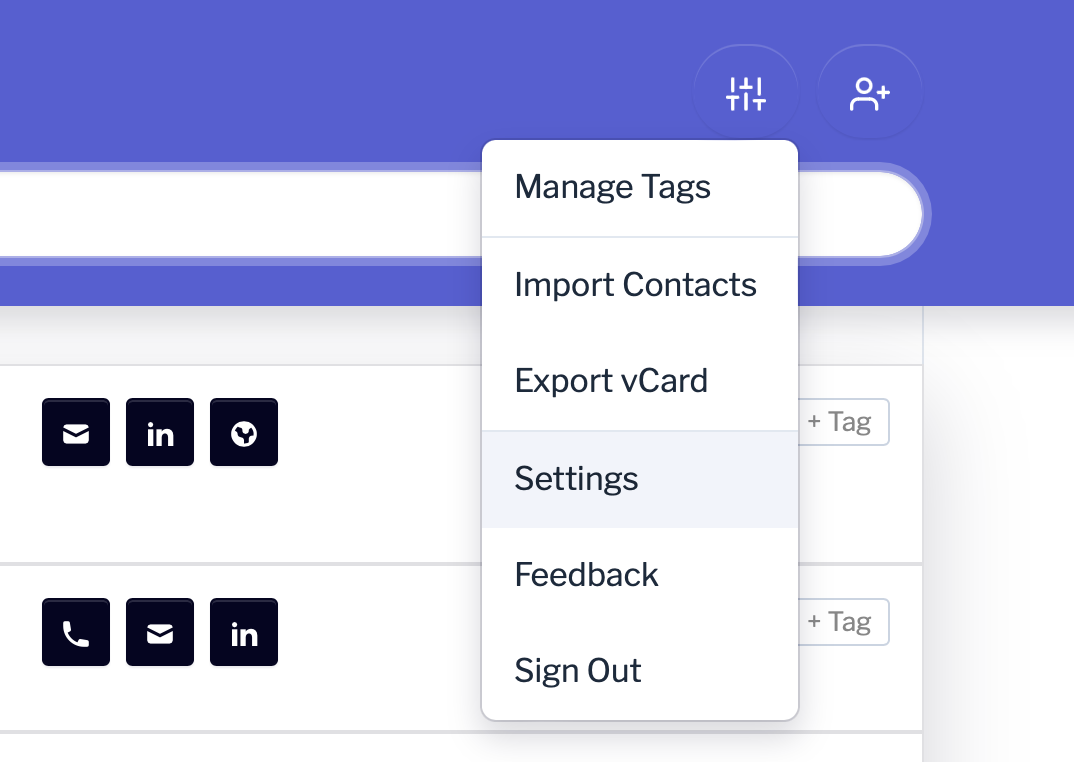 Settings menu