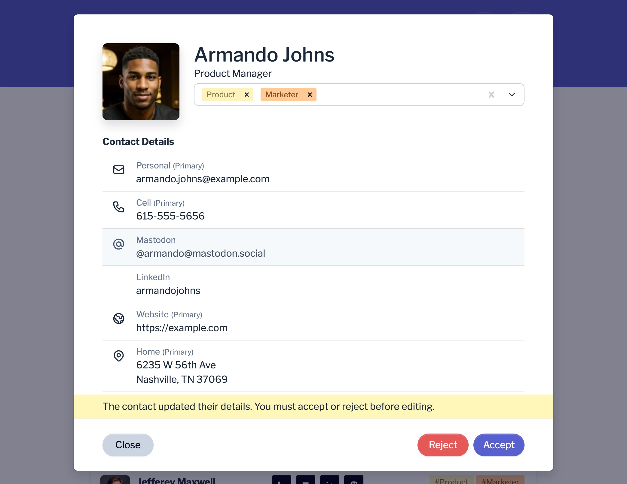 Reject or Accept changes to contact details